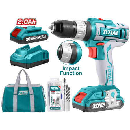 Masina de gaurit cu percutie si 2 acumulatori Total, 20V-2.0Ah, Li-Ion, 1500 rpm + 50 accesorii, NM/ TIDLI2002E, Turcoaz