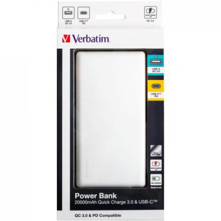 Verbatim20000mAH, 5v=2A in and out. 2x out QC3 metal
