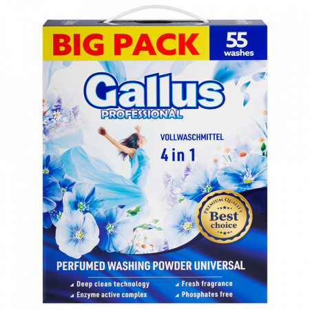Detergent automat pudra Gallus Profesional 4 in 1, 55 spalari, 3.05 kg, Albastru