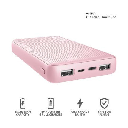 Baterie externa Trust Primo Compact, 15000 mAh, 2 x USB, timp de incarcare 9 ore, NM/ 23901, Roz