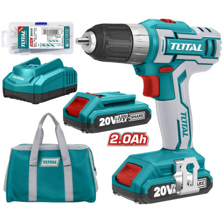 Masina de gaurit cu 2 acumulatori + 47 accesorii Total, 20V-2.0Ah, Li-Ion, 1350 rpm, 45 Nm cuplu maxim, NM/ TDLI2002E, Turcoaz