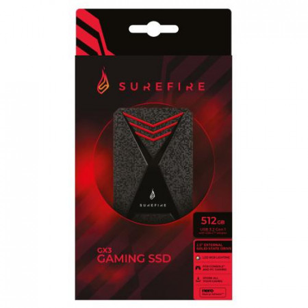 SSD extern SureFire GX3 Bunker Gaming, 512 GB, USB 3.2 Gen 1, iluminare RGB, NM/ 53683, Negru