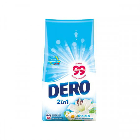 Detergent automat pudra Dero 2 in 1 Iris alb si flori de romanita, 100 spalari, 10 Kg, Blue