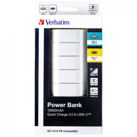 Verbatim10000mAH, 5v=2A in and out. 2x out QC3 metal incl lines