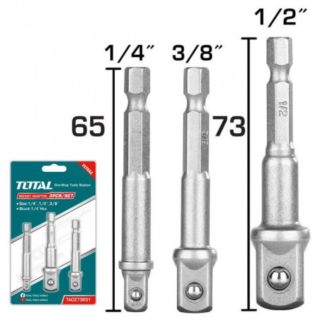 Set 3 adaptoare Total TAC273651/NM,1/4", 3/8",1/2", Argintiu