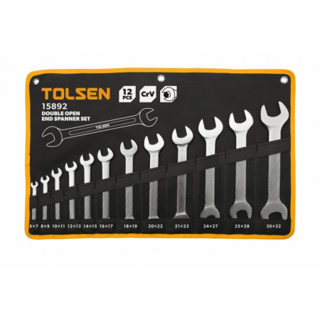 Set chei duble cu cap deschis Tolsen TL-15892NM, 12 buc, Cr-V, 6x7-30x32 mm, husa, Argintiu