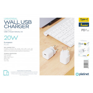 PLATINET WALL CHARGER 1xUSB TYPE-C PD 3.0 20W MINI SIZE WHITE - Img 5