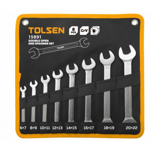 Set chei duble deschise Tolsen TL-15891NM, 8 buc, Cr-V, 6x7-20x22 mm, husa, Argintiu