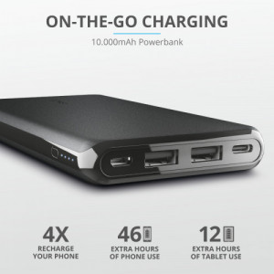 Baterie externa Trust Esla Thin 10000 mAh, 2.4 A, 1xUSB-C + 2xUSB, NM/ 23293, Negru