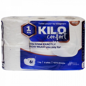 Hartie igienica Kilo Confort, 6 role, 2 straturi, 1374 foi, Alb