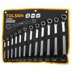 Set chei inelare duble Tolsen TL-15896NM, 12 buc, Cr-V, 6x7-30x32 mm, husa, Argintiu