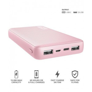 Baterie externa Trust Primo Compact, 15000 mAh, 2 x USB, timp de incarcare 9 ore, NM/ 23901, Roz