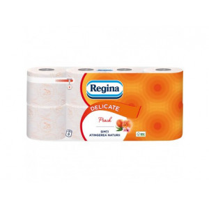Hartie igienica Regina Delicate Piersica, 3 straturi, 8 role, 16 m, Portocaliu