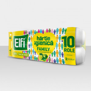 Hartie igienica Elfi Family Lamaie verde, 2 straturi, 110 foi, 10 role, Alb