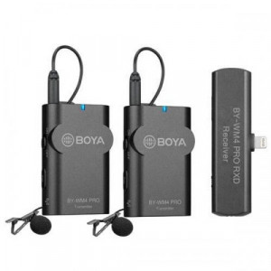 Sistem de microfoane Boya NMBY-WM4 PRO-K4, digitale fără fir cu două canale pentru dispozitive iOS, 2x transmițător TX4, 1x receptor BY-WM4 RXD și microfon lavalier, 2.4Ghz, Gri - Img 1