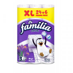 Hartie igienica parfumata Familia Magic Flower, 3 straturi, 24+6 role, Alb