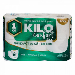 Hartie igienica Kilo Confort, 6 role, 4 straturi, 780 foi, Alb