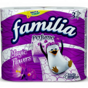 Hartie igienica parfumata Familia Magic Flower, 3 straturi, 4 role, Alb