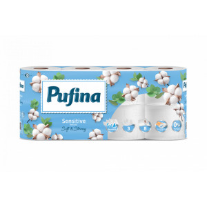 Hartie igienica Pufina Sensitive, 8 role, 3 straturi, Alb