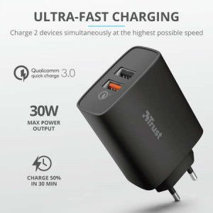Incarcator Trust Qmax Dual USB, Quick Charge 3.0, 30 W, NM/ 23559, Negru - Img 2
