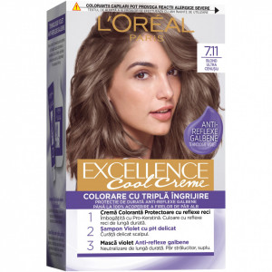 Vopsea de par permanenta cu amoniac L'Oreal Paris Excellence Cool Creme 7.11 Ultra Ash Blonde, 192 ml