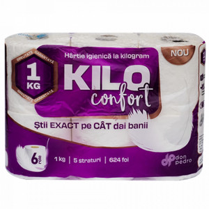 Hartie igienica Kilo Confort, 6 role, 5 straturi, 624 foi, Alb