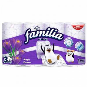 Hartie igienica parfumata Familia Magic Flower, 3 straturi, 8 role, Alb