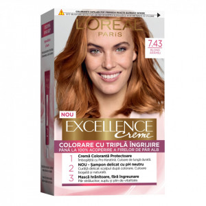 Vopsea de par permanenta cu amoniac L'Oréal Paris Excellence Creme 7.43 Blond Aramiu, 192 ml
