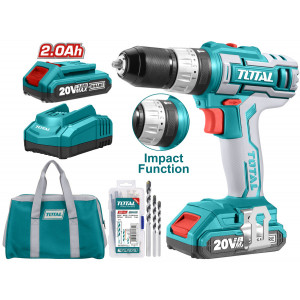 Masina de gaurit cu percutie si 2 acumulatori Total, 20V-2.0Ah, Li-Ion, 1500 rpm, 45 Nm cuplu maxim, mandrina automata 10 mm + 50 accesorii, NM/ TIDLI2002, Turcoaz