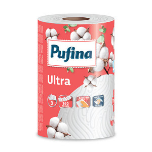 Prosop de bucatarie Pufina Ultra, 1 rola, 3 straturi, 160 foi, Alb