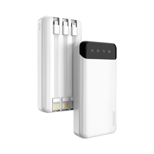 Baterie externa 20000mAh 10W, 3x cabluri integrate (USB-C, iPhone, MicroUSB), Powerbank Dudao K6Pro +, Alb