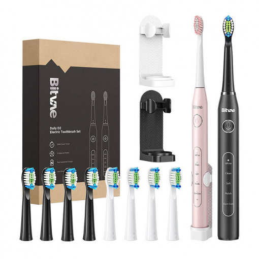 Set 2 Periute Dinti Sonice + 8 Capete + 2 Suport Perete Bitvae D2+D2 (roz și negru)
