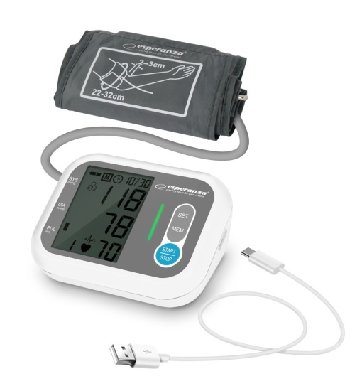 Tensiometru de brat, detectie aritmie, oscilometric, 180 memorii / 2 utilizatori, USB / baterii AAA, Esperanza Stamina