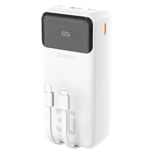 Baterie externa 30000mAh 22.5W, 2x cabluri integrate (USB-C si iPhone-Lightning ), Powerbank Dudao K15MAX, Alb
