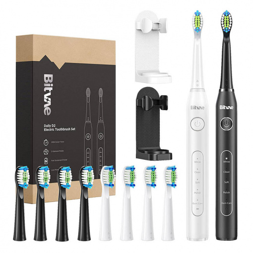 Set 2 Periute Dinti Sonice + 8 Capete + 2 Suport Perete Bitvae D2+D2 (alb și negru)