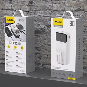 Baterie externa 30000mAh 22.5W, 2x cabluri integrate (USB-C si iPhone-Lightning ), Powerbank Dudao K15MAX, Alb - Img 2