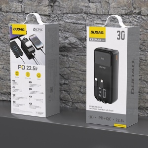 Baterie externa 30000mAh 22.5W, 2x cabluri integrate (USB-C si iPhone-Lightning ), Powerbank Dudao K15MAX, Negru - Img 4