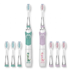 Set 2x Periute dinti electrica pentru copii, 3 capete, periuta sonica, 24.000 rotatii/min, Seago Verde + Roz