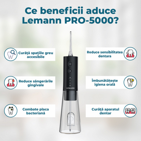 Irigator Oral Profesional, Dus Bucal Lemann PRO-5000, Portabil, 1400 pulsatii/min, 3 Moduri, Rezervor 300ml , Timer 2 minute, Functie Smart Start, 5 Duze si Cablu USB-C inlcuse, Materiale non-toxice, Negru - Img 3