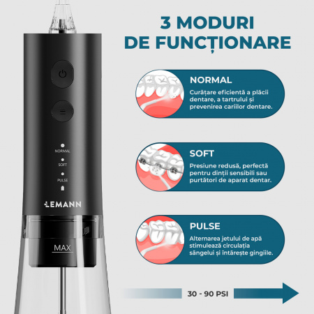 Irigator Oral Profesional, Dus Bucal Lemann PRO-5000, Portabil, 1400 pulsatii/min, 3 Moduri, Rezervor 300ml , Timer 2 minute, Functie Smart Start, 5 Duze si Cablu USB-C inlcuse, Materiale non-toxice, Negru - Img 4