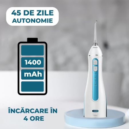 Irigator Oral Profesional, Dus Bucal, Lemann PRO-4000, Portabil, 1400 pulsatii/min, 4 Moduri, Rezervor 200ml , Timer 2 minute, 5 Duze si Cablu USB inlcuse, Materiale non-toxice, Alb-Albastru - Img 2