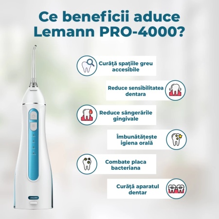 Irigator Oral Profesional, Dus Bucal, Lemann PRO-4000, Portabil, 1400 pulsatii/min, 4 Moduri, Rezervor 200ml , Timer 2 minute, 5 Duze si Cablu USB inlcuse, Materiale non-toxice, Alb-Albastru - Img 3