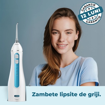 Irigator Oral Profesional, Dus Bucal, Lemann PRO-4000, Portabil, 1400 pulsatii/min, 4 Moduri, Rezervor 200ml , Timer 2 minute, 5 Duze si Cablu USB inlcuse, Materiale non-toxice, Alb-Albastru - Img 4