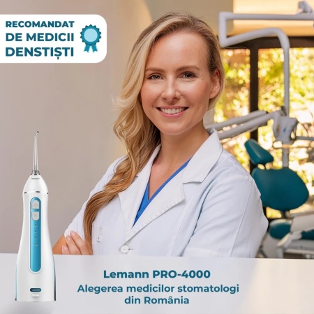 Irigator Oral Profesional, Dus Bucal, Lemann PRO-4000, Portabil, 1400 pulsatii/min, 4 Moduri, Rezervor 200ml , Timer 2 minute, 5 Duze si Cablu USB inlcuse, Materiale non-toxice, Alb-Albastru - Img 5
