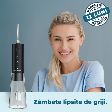 Irigator Oral Profesional, Dus Bucal Lemann PRO-5000, Portabil, 1400 pulsatii/min, 3 Moduri, Rezervor 300ml , Timer 2 minute, Functie Smart Start, 5 Duze si Cablu USB-C inlcuse, Materiale non-toxice, Negru - Img 8