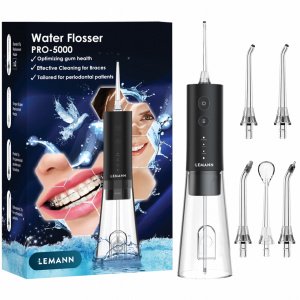 Irigator Oral Profesional, Dus Bucal Lemann PRO-5000, Portabil, 1400 pulsatii/min, 3 Moduri, Rezervor 300ml , Timer 2 minute, Functie Smart Start, 5 Duze si Cablu USB-C inlcuse, Materiale non-toxice, Negru