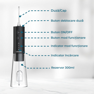 Irigator Oral Profesional, Dus Bucal Lemann PRO-5000, Portabil, 1400 pulsatii/min, 3 Moduri, Rezervor 300ml , Timer 2 minute, Functie Smart Start, 5 Duze si Cablu USB-C inlcuse, Materiale non-toxice, Negru - Img 11