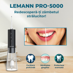 Irigator Oral Profesional, Dus Bucal Lemann PRO-5000, Portabil, 1400 pulsatii/min, 3 Moduri, Rezervor 300ml , Timer 2 minute, Functie Smart Start, 5 Duze si Cablu USB-C inlcuse, Materiale non-toxice, Negru - Img 2