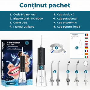 Irigator Oral Profesional, Dus Bucal Lemann PRO-5000, Portabil, 1400 pulsatii/min, 3 Moduri, Rezervor 300ml , Timer 2 minute, Functie Smart Start, 5 Duze si Cablu USB-C inlcuse, Materiale non-toxice, Negru - Img 12