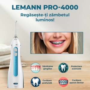 Irigator Oral Profesional, Dus Bucal, Lemann PRO-4000, Portabil, 1400 pulsatii/min, 4 Moduri, Rezervor 200ml , Timer 2 minute, 5 Duze si Cablu USB inlcuse, Materiale non-toxice, Alb-Albastru